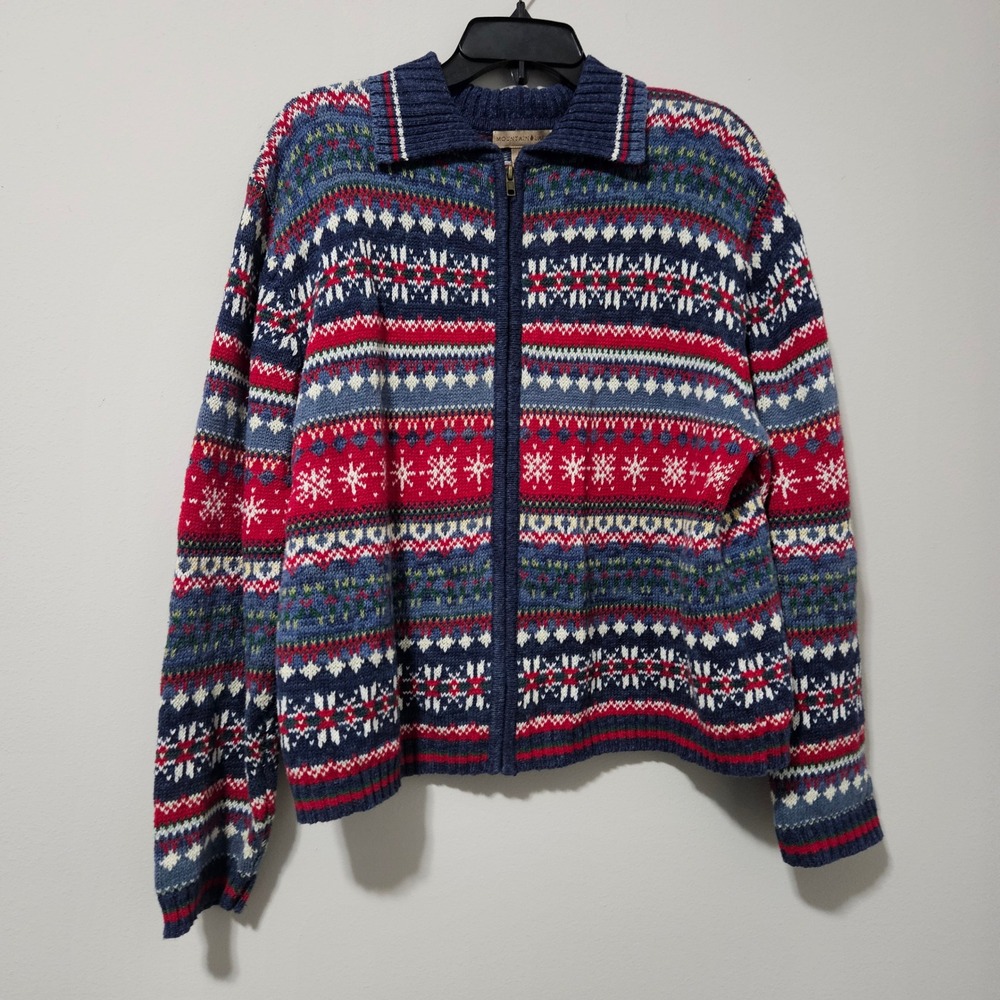 Mountain Lake Fair Isle Full Zip Sweater Womens XL Blue Red Cotton Ramie Knit